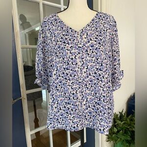 Women V neck Puffed Sleeve Allover Print Blouse  Lavender/Navy - Size Large